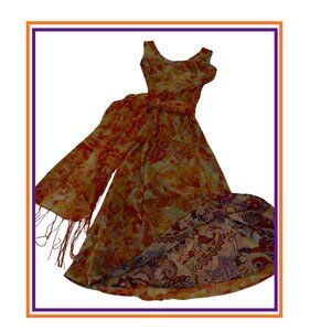 Reversible Orange Paisley Maxi Dress w/ Fringe Sash – Sheer Boho Resort Style